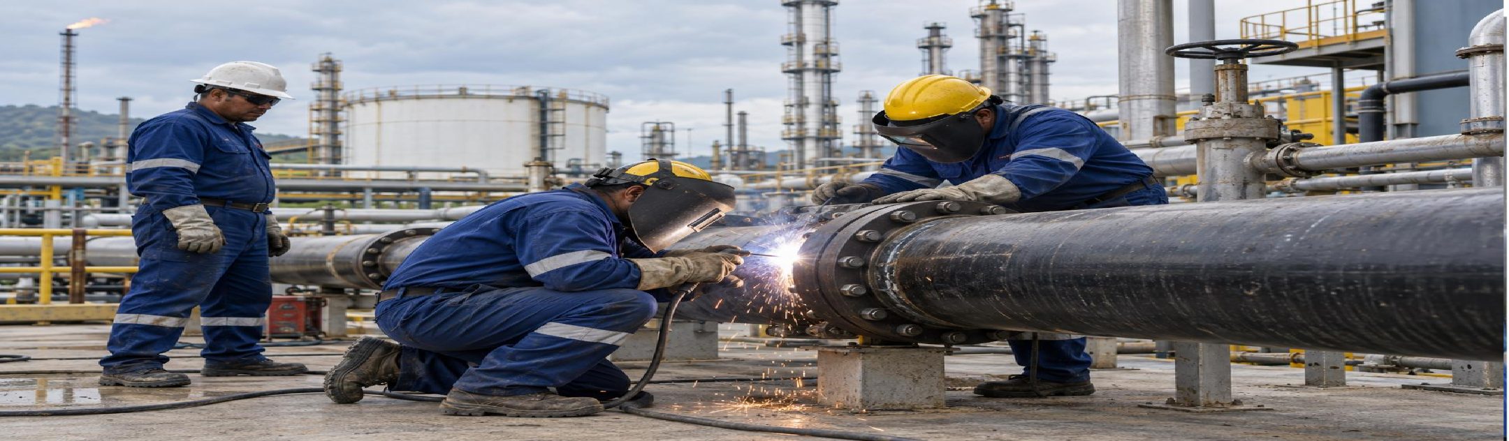 Technical crew welding a piping connection at an industrial facility