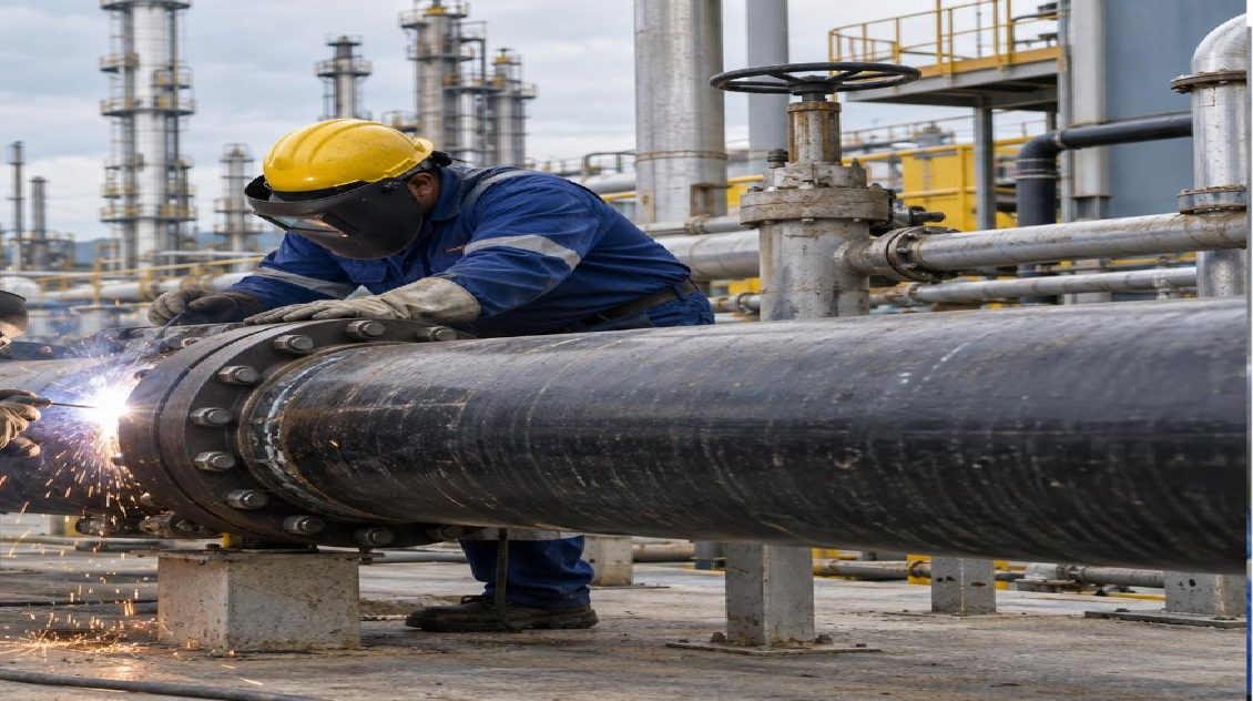 Workers welding an industrial piping line